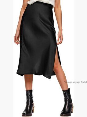 Satin Midi Skirt with Side Slit, Elastic Waistband, Regular Fit